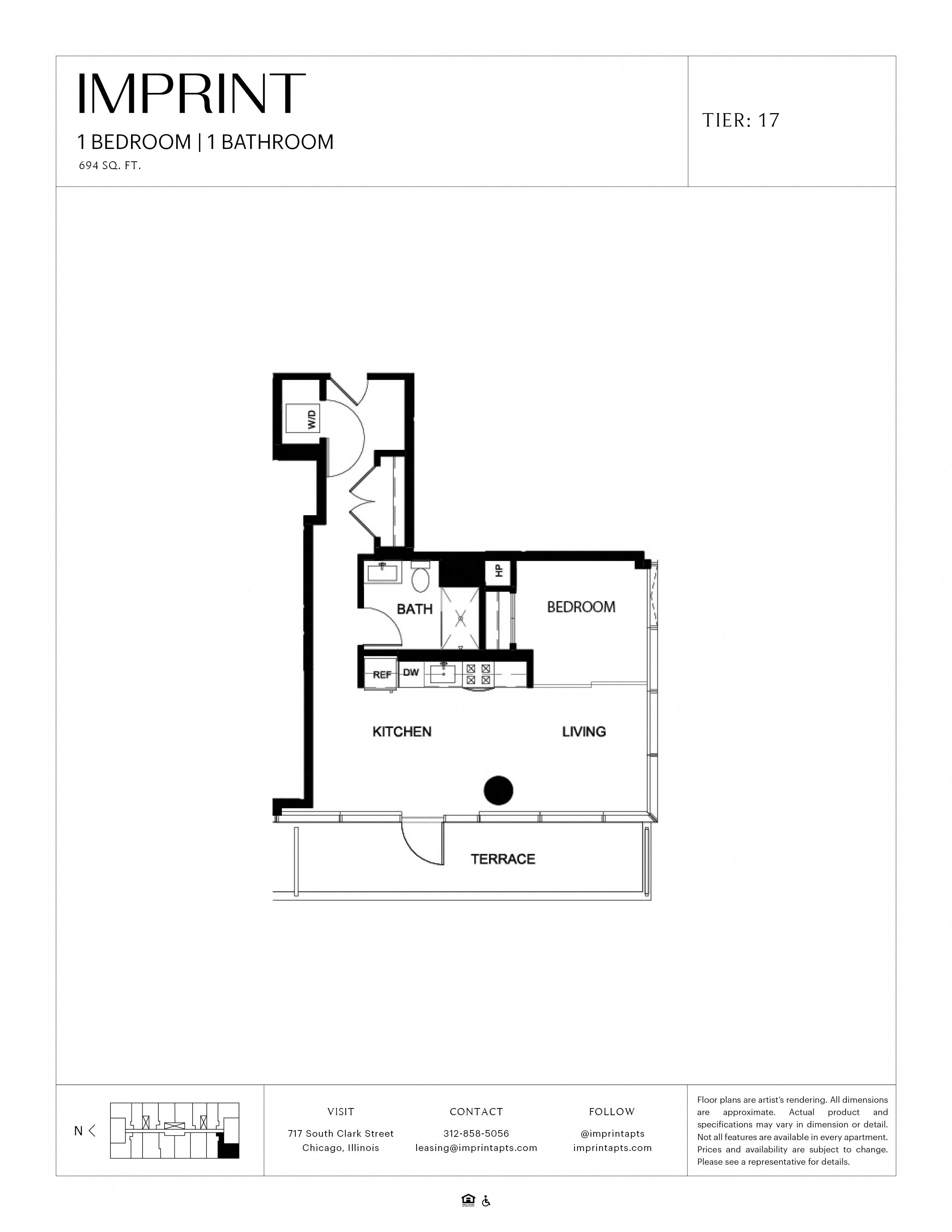 Floor plan for 1 bed, 1 bath, 694 sqft